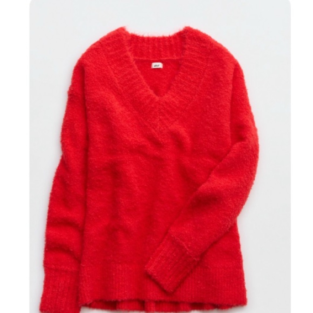 Aerie Teddy Boucle Vibrant Red V-Neck Sweater